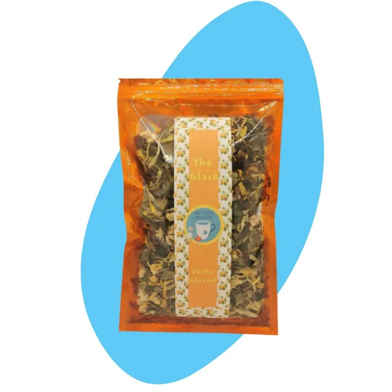 image fond bleu d'un sachet de thé glacé orange, qui est un thé blanc à la pêche abricot